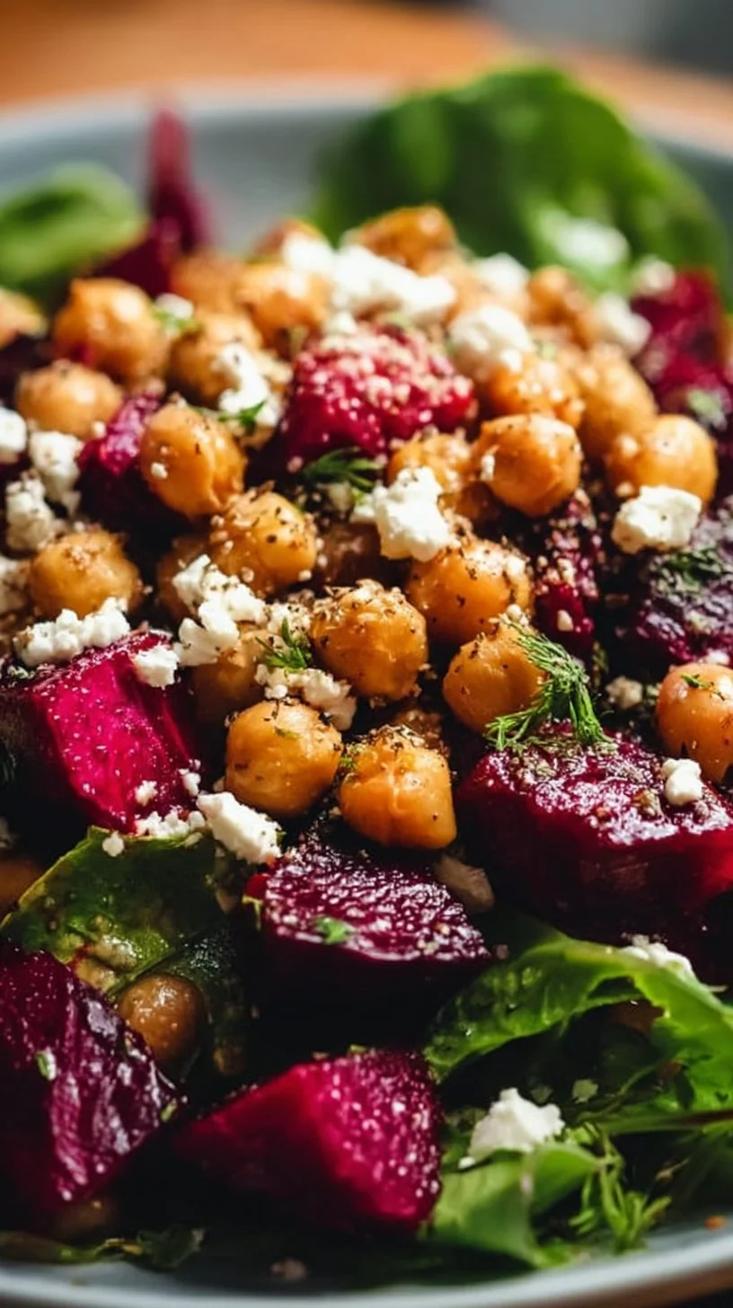 Chickpea Beet Feta Salad with fresh vegetables and feta cheese