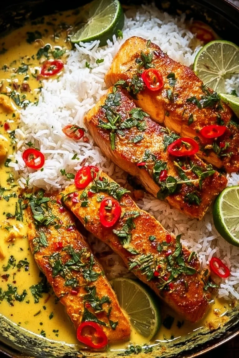 Delicious Coconut Curry Salmon served with rice and vegetables