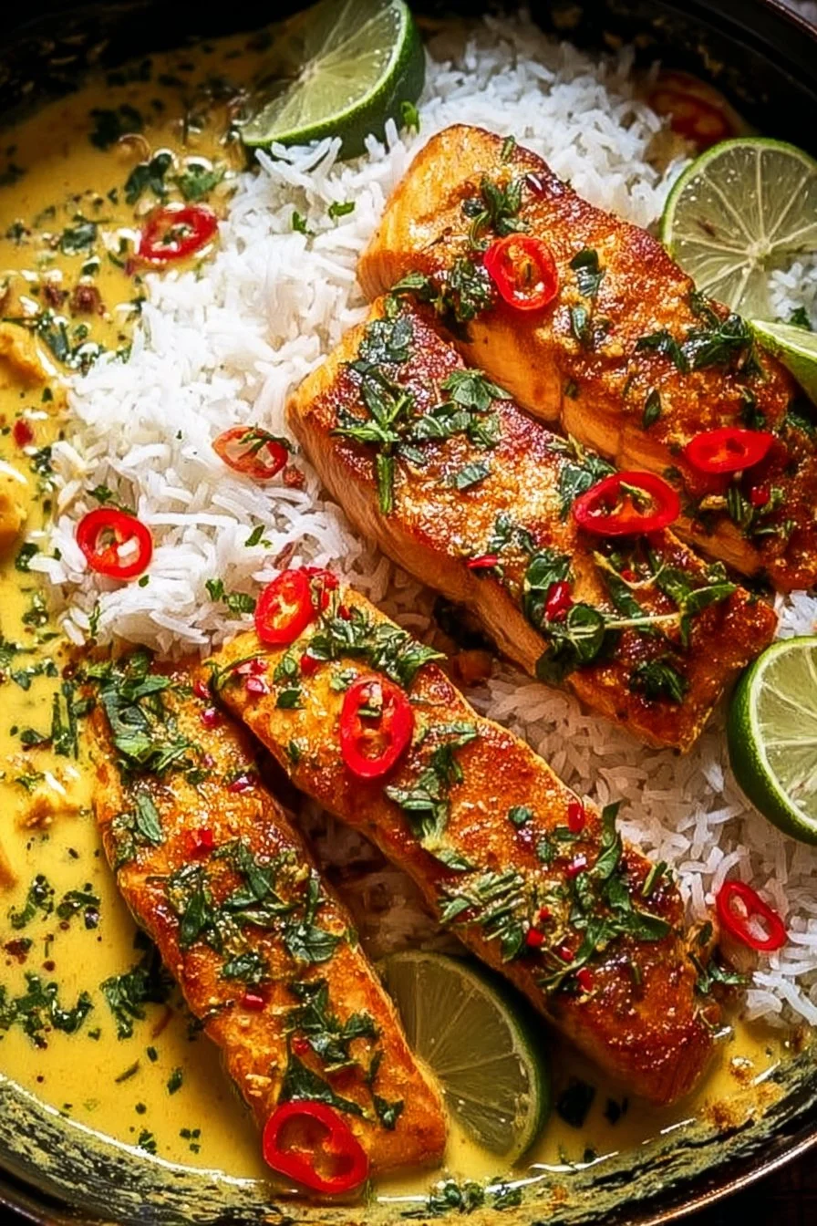 Delicious Coconut Curry Salmon served with rice and vegetables