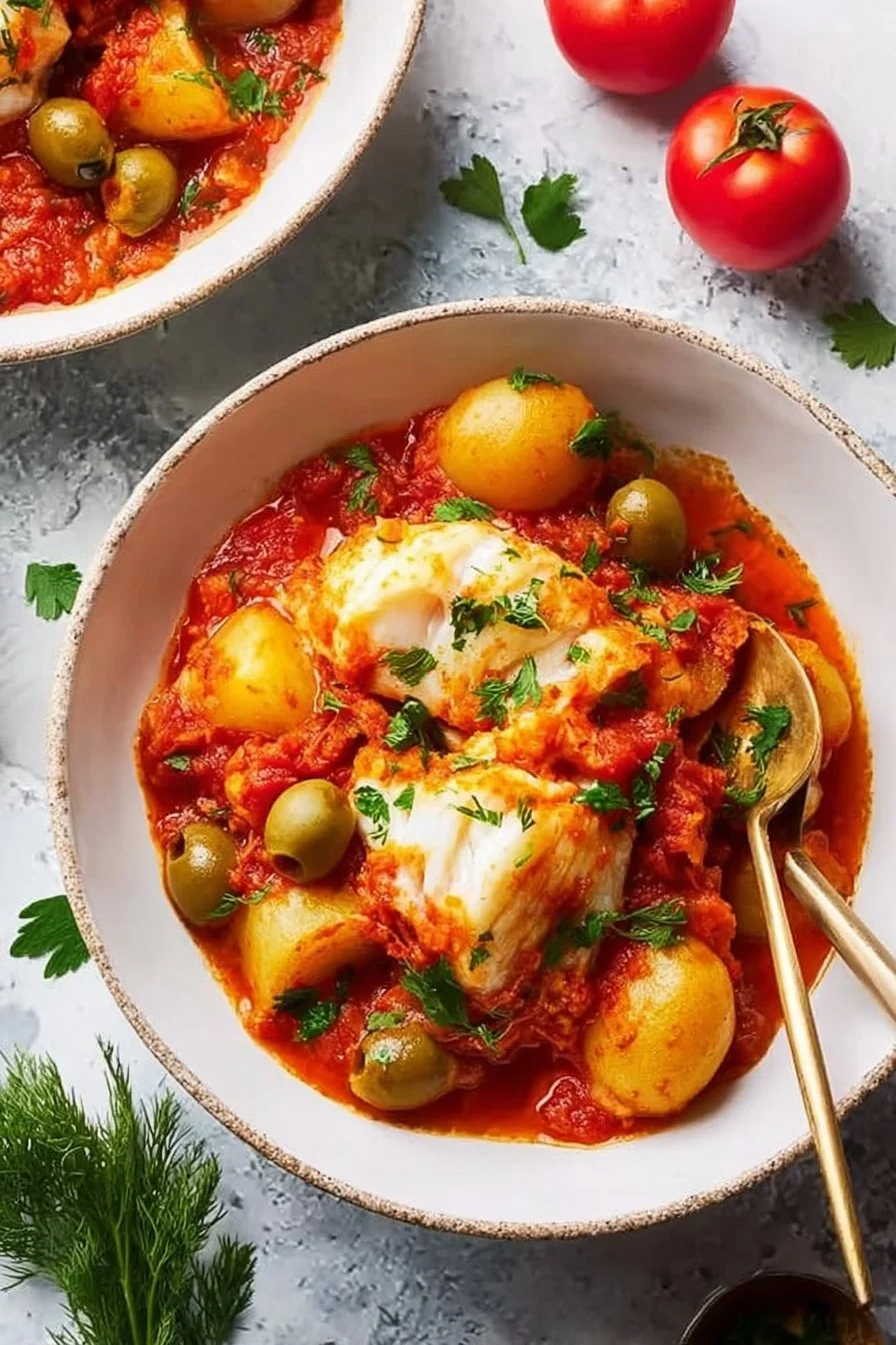 Delicious Cod in Vizcaya Style dish served with herbs and spices