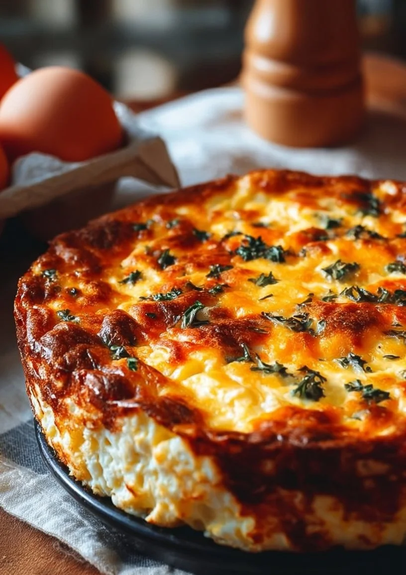 Cottage Cheese Egg Bake topped with herbs and cheese in a baking dish