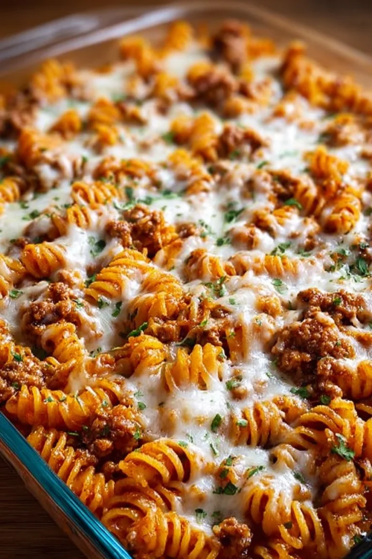 Cottage Cheese Protein Pasta Bake garnished with herbs in a baking dish.