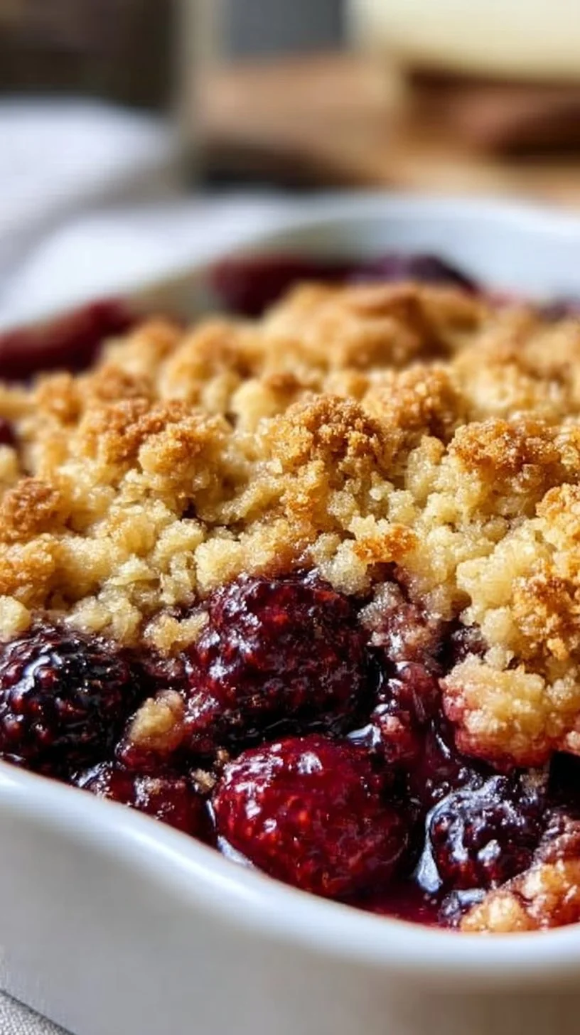 Delicious cozy mulberry crisp dessert topped with a crunchy layer.