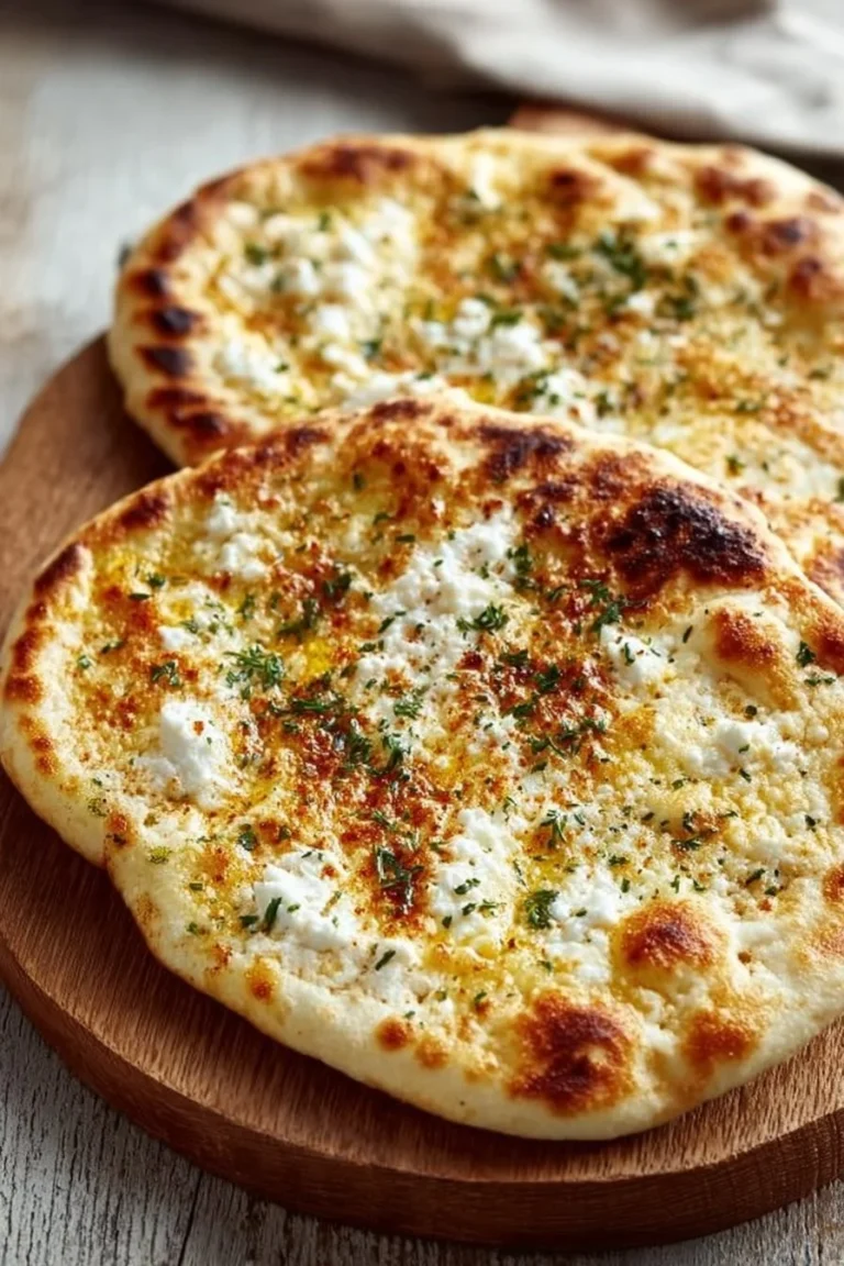 Homemade creamy cottage cheese flatbread topped with herbs