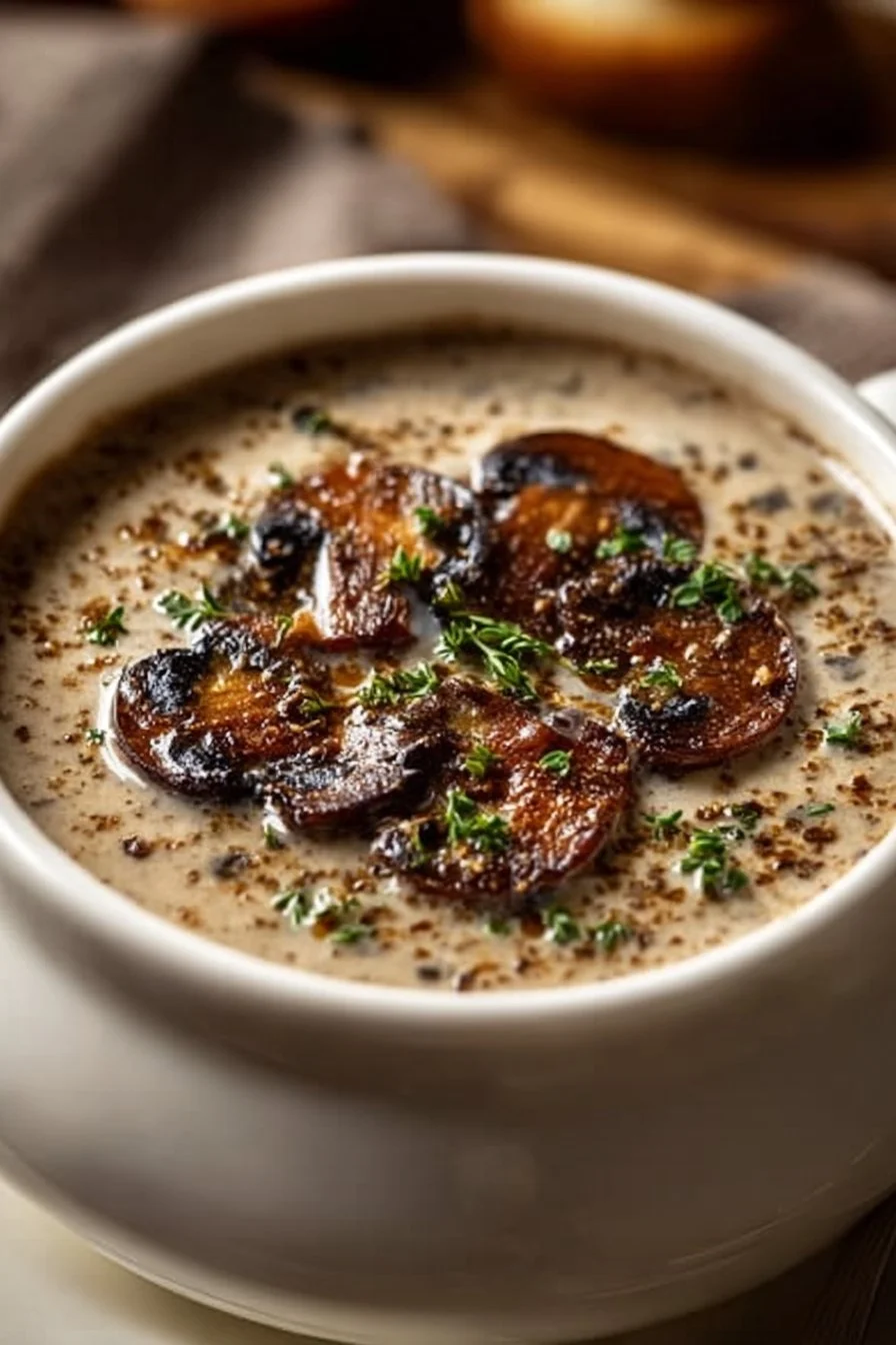 Bowl of creamy cottage cheese soup garnished with herbs and spices
