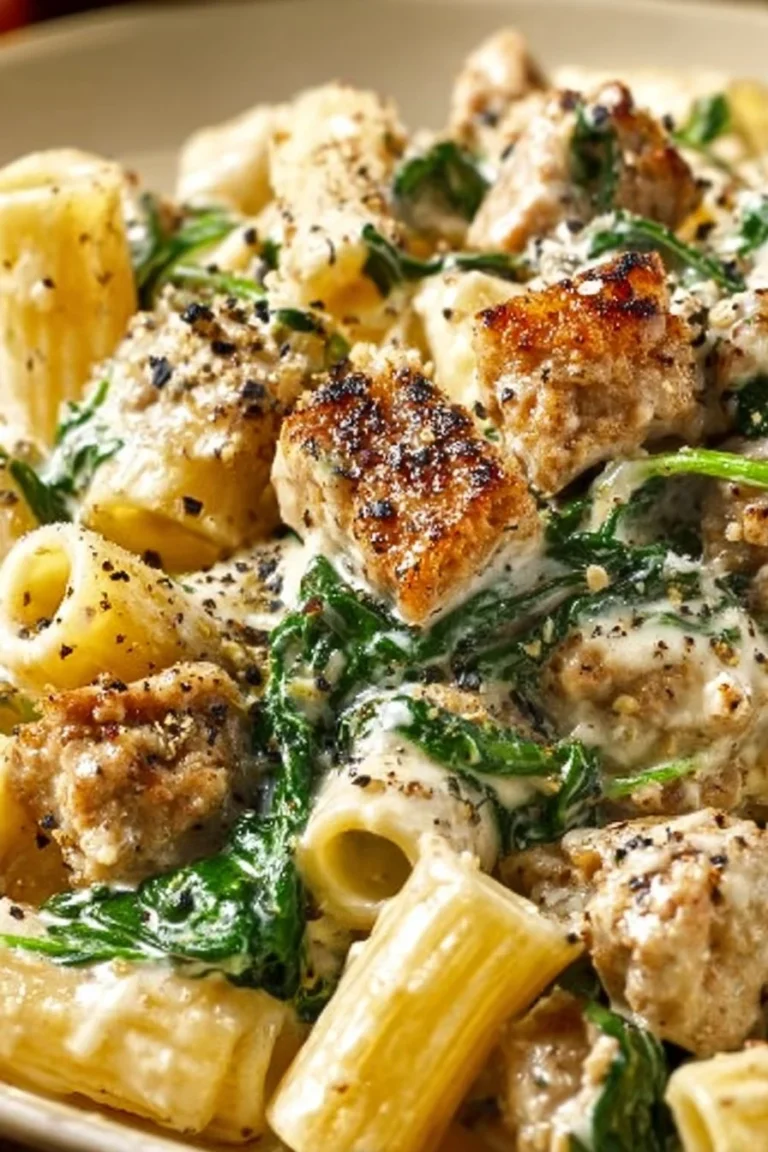 Creamy ground turkey pasta dish garnished with fresh herbs