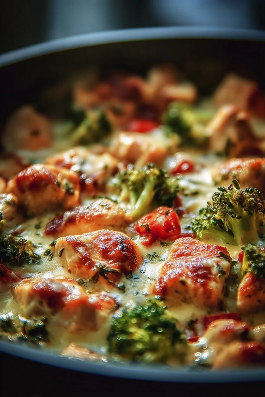 Creamy low-carb Tuscan chicken garnished with spinach and sun-dried tomatoes