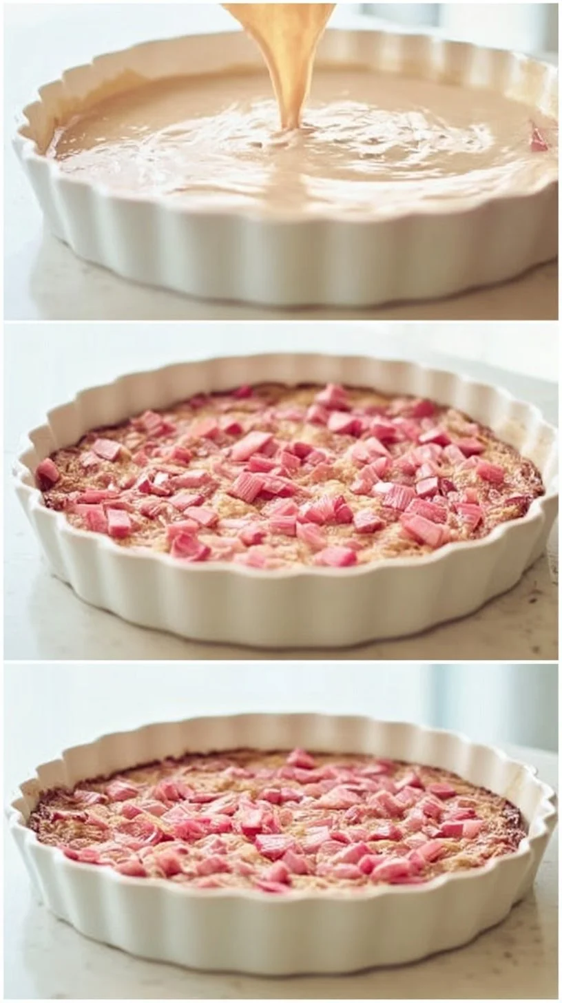 Delicious crustless rhubarb custard pie with vibrant rhubarb filling