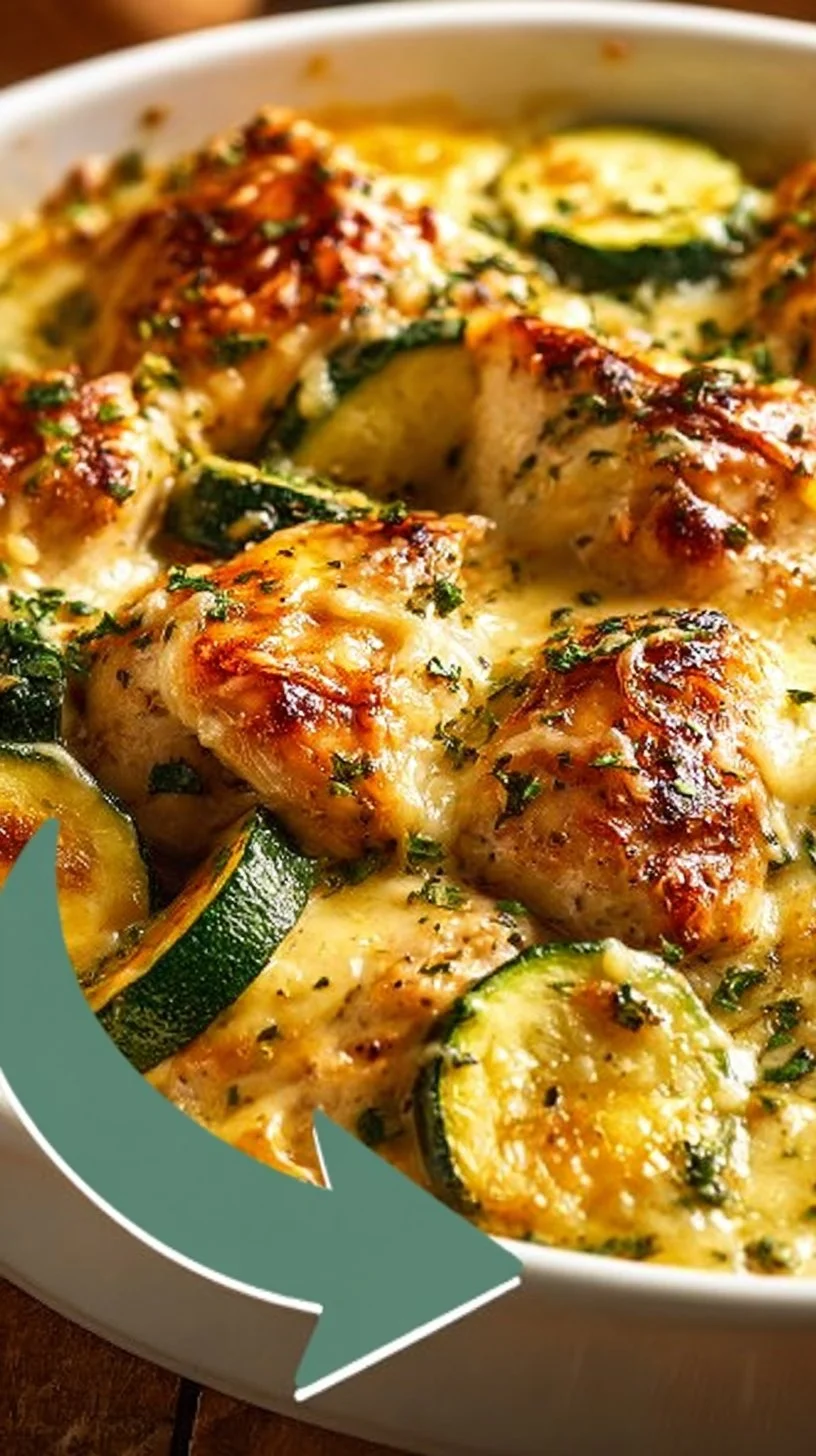 Delicious and easy Chicken Zucchini Bake with melted cheese and fresh herbs.