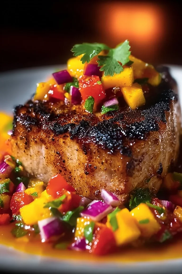 Grilled tuna steaks served with vibrant mango salsa on a plate
