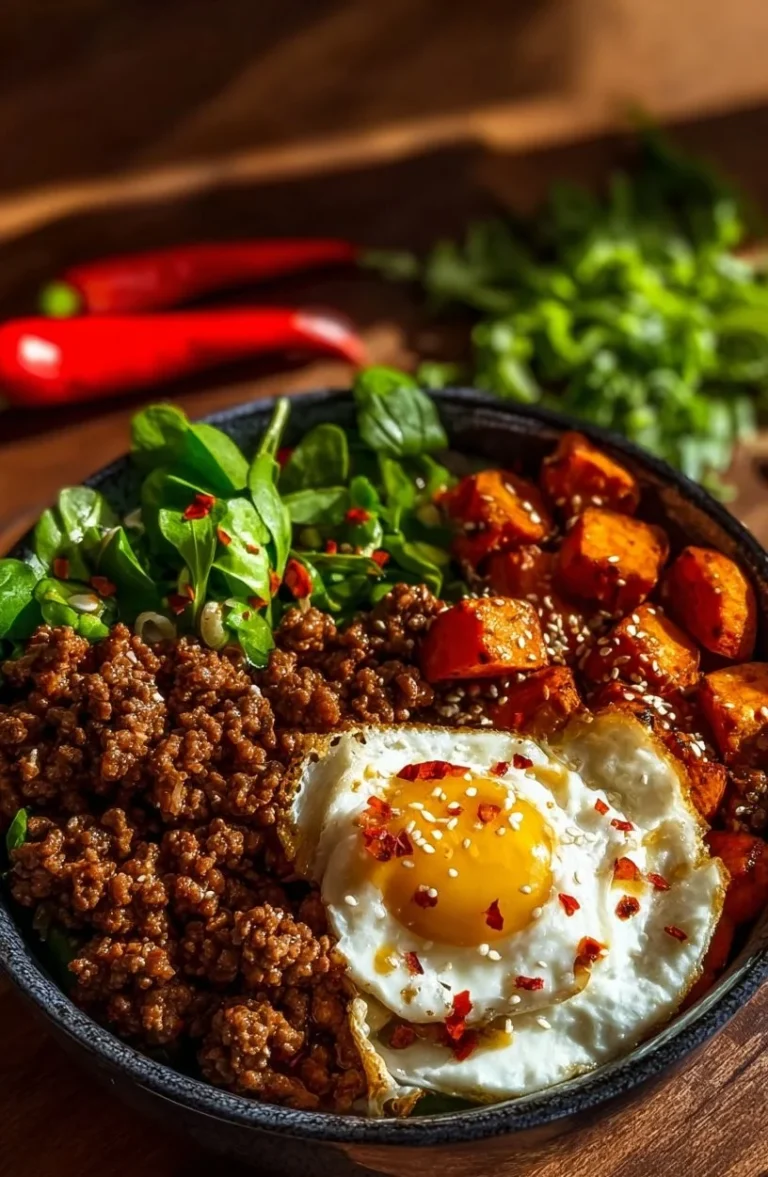 Bowls of Ground Beef Hot Honey with fresh vegetables and rice