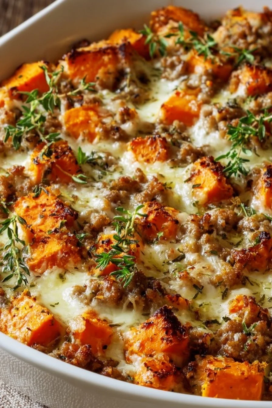 Ground turkey sweet potato bake in a casserole dish ready to serve
