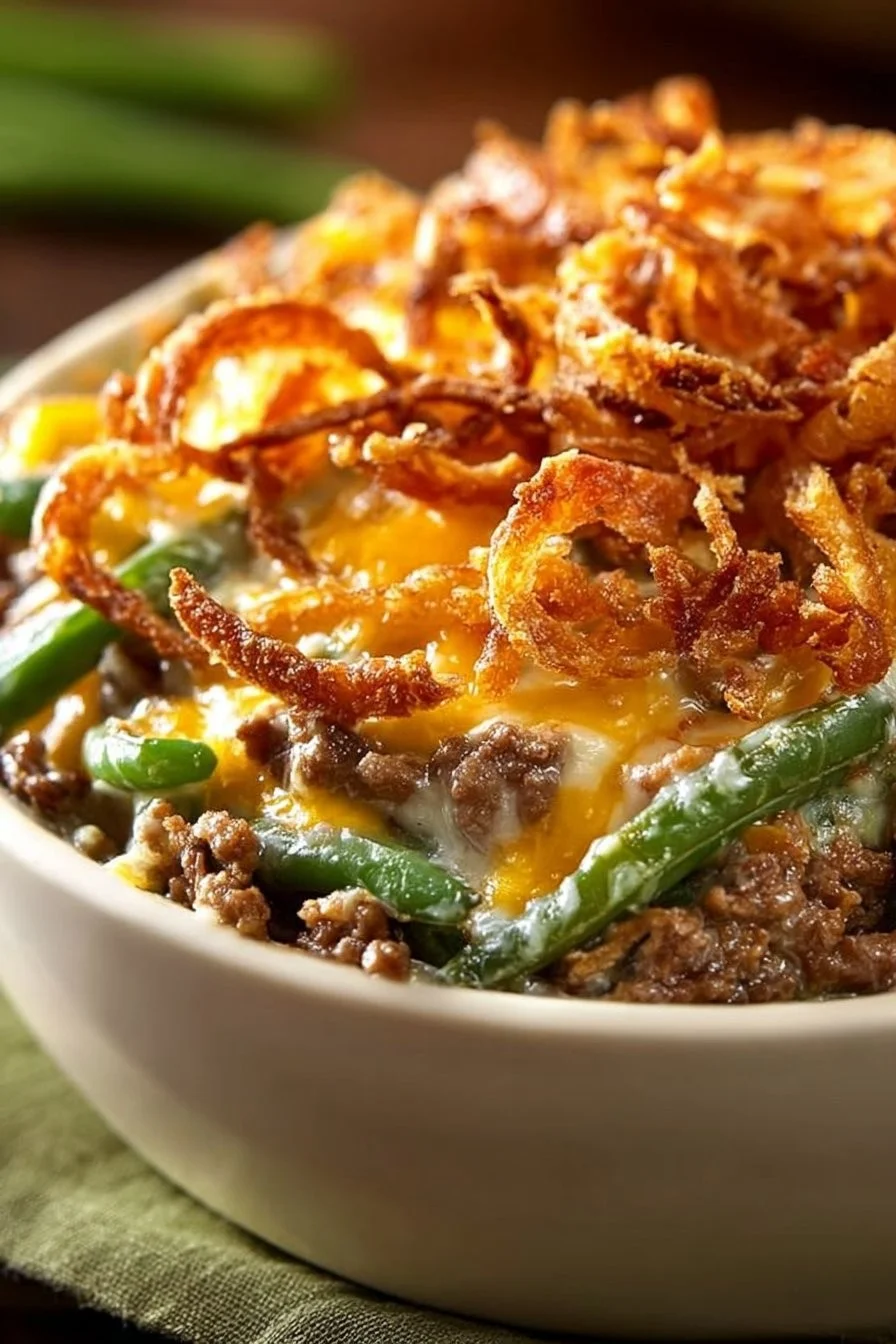 Delicious Hamburger Green Bean Casserole served in a baking dish
