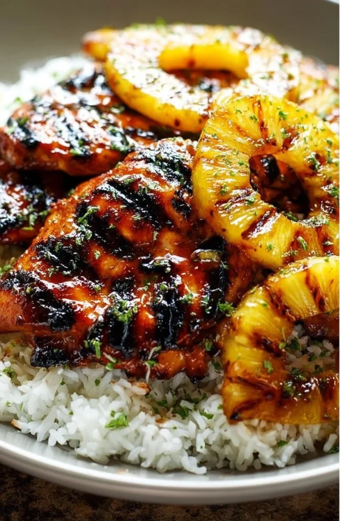 Hawaiian Chicken served with pineapple and coconut rice on a plate