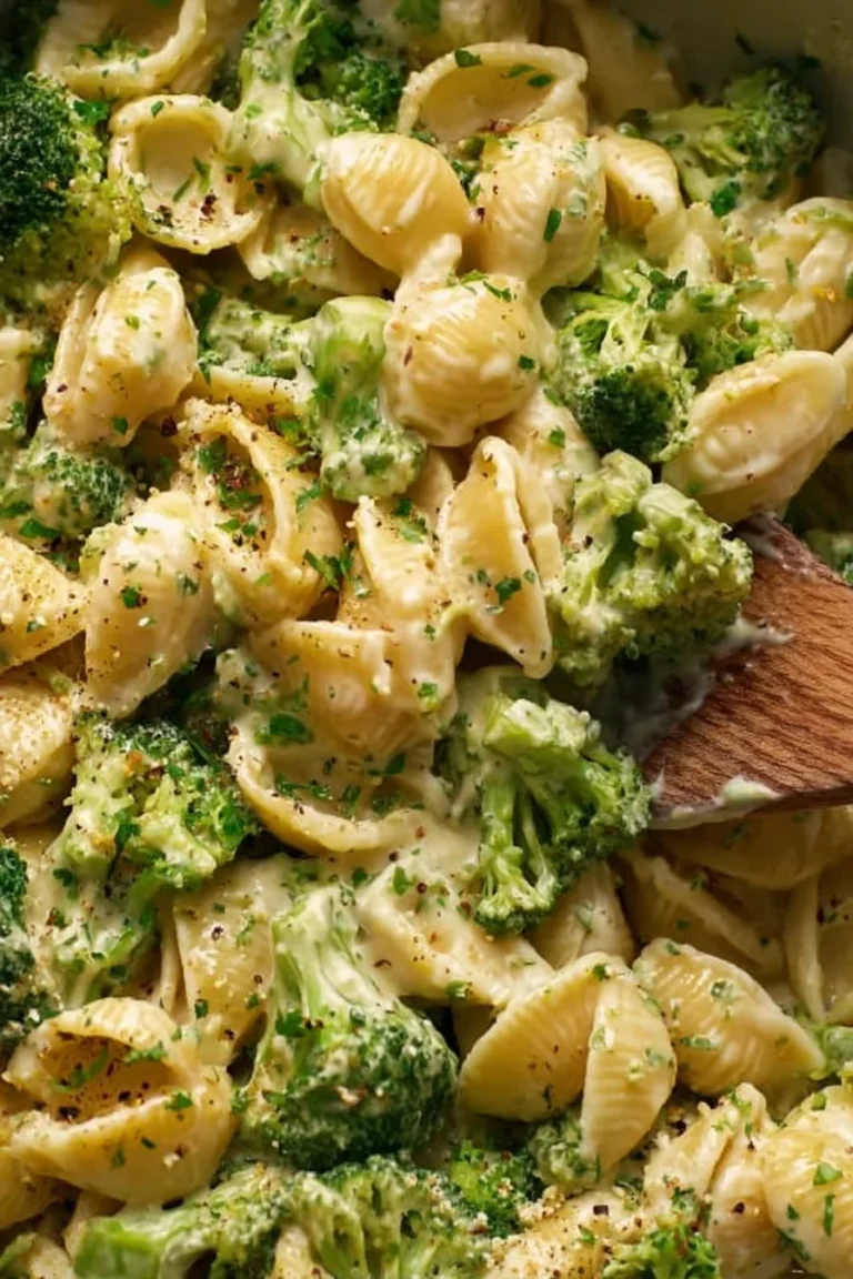 Bowl of healthy broccoli mac and cheese topped with fresh broccoli florets.