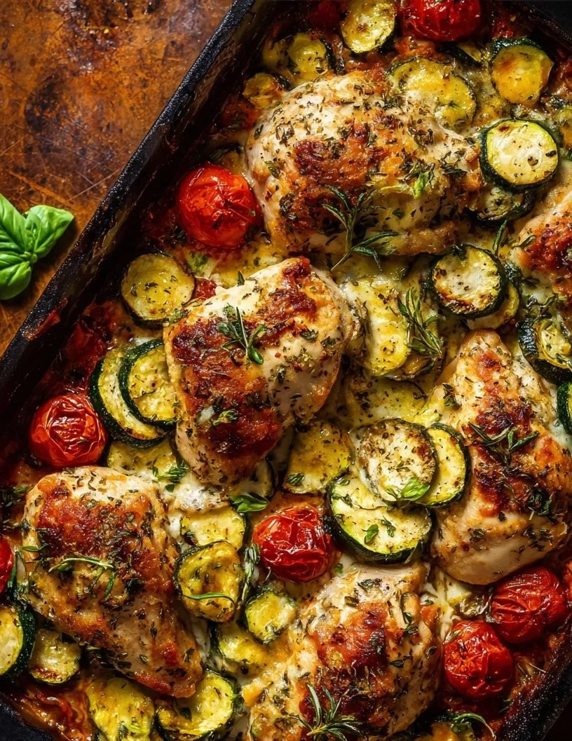 High Protein Italian Chicken and Zucchini Bake served in a dish