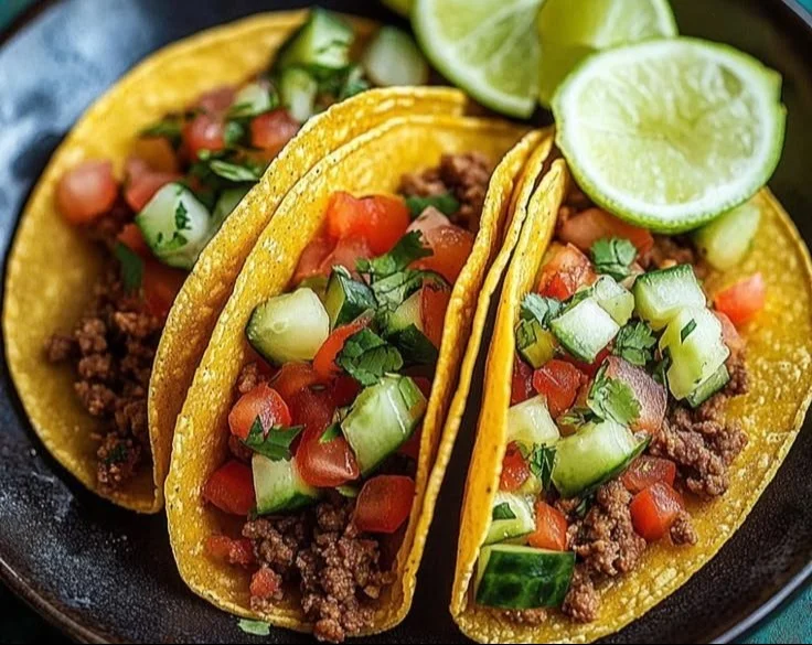 Plate of homemade crispy ground beef tacos with fresh toppings