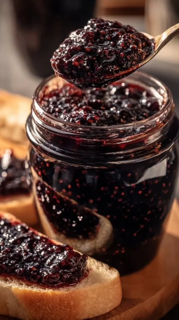 Jar of homemade mulberry jam with fresh mulberries on a wooden table.