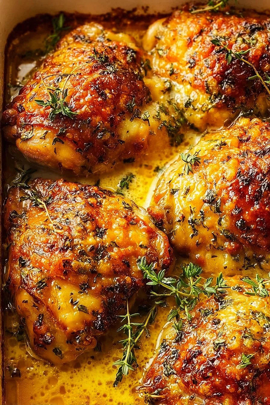 Keto Baked Cheesy Ranch Chicken Thighs on a plate garnished with herbs