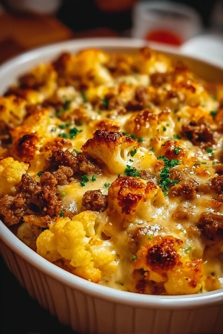 Delicious Keto Cheeseburger Cauliflower Mac served in a bowl with toppings.