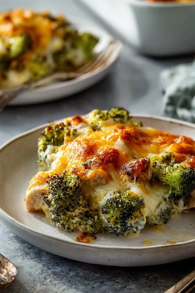 Keto Chicken Alfredo Broccoli Bake topped with melted cheese and fresh herbs