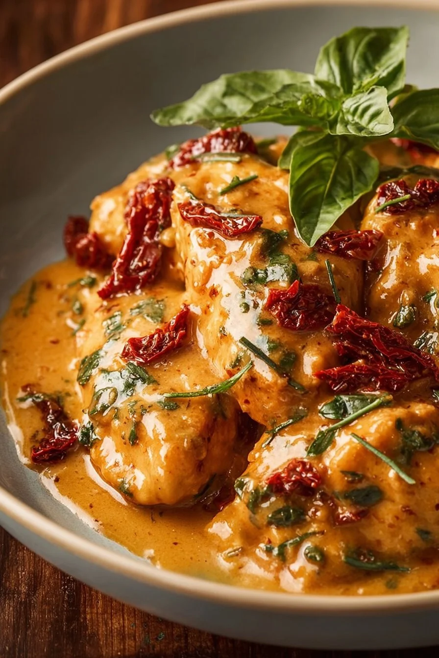 Keto Marry Me Chicken served with herbs and vegetables in a creamy sauce