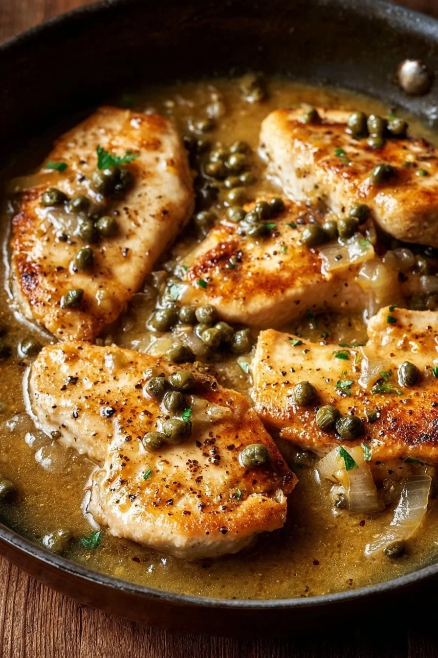 Delicious Lemon Chicken Piccata served with herbs and lemon slices