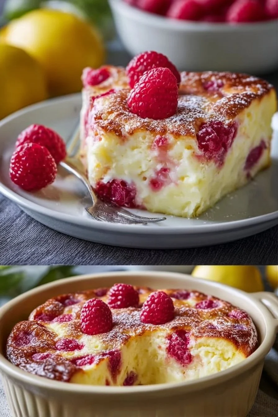 Lemon Raspberry Cottage Cheese Bake served in a bright dish