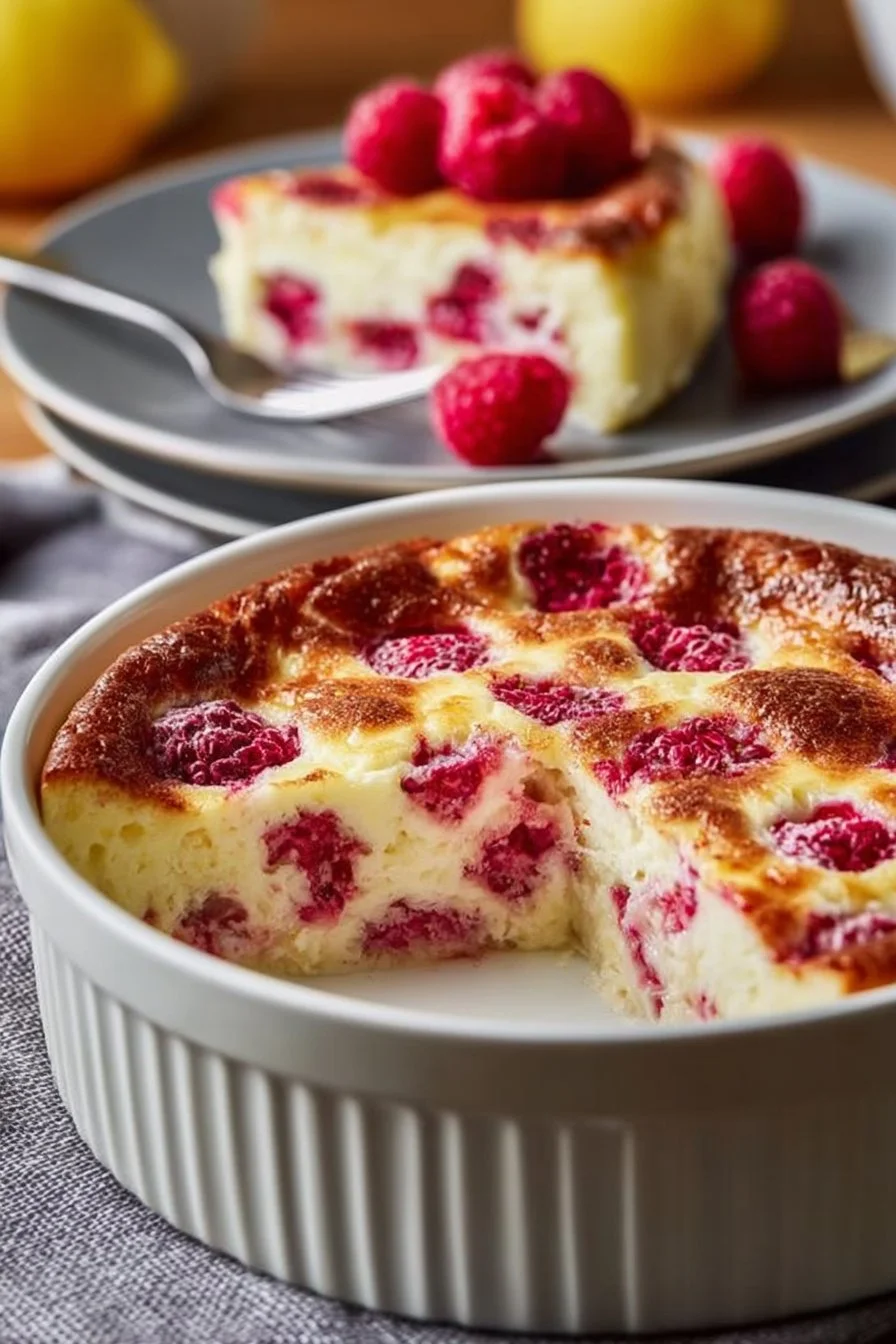 Lemon Raspberry Cottage Cheese Bake with fresh raspberries and lemon zest.