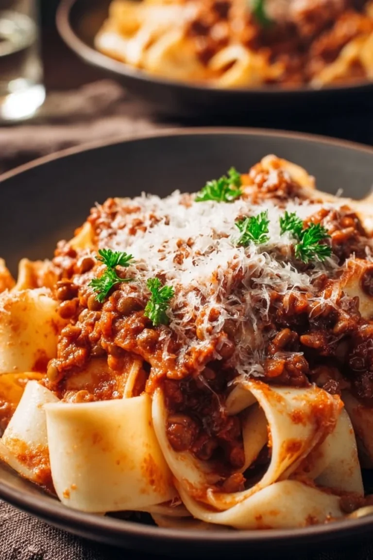 Delicious lentil ragu served in a bowl with fresh herbs on top.