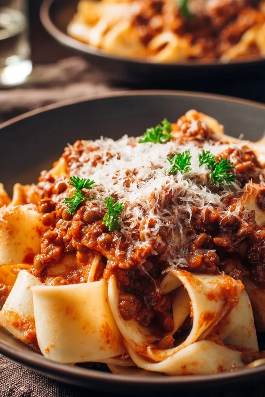 Delicious lentil ragu served in a bowl with fresh herbs on top.