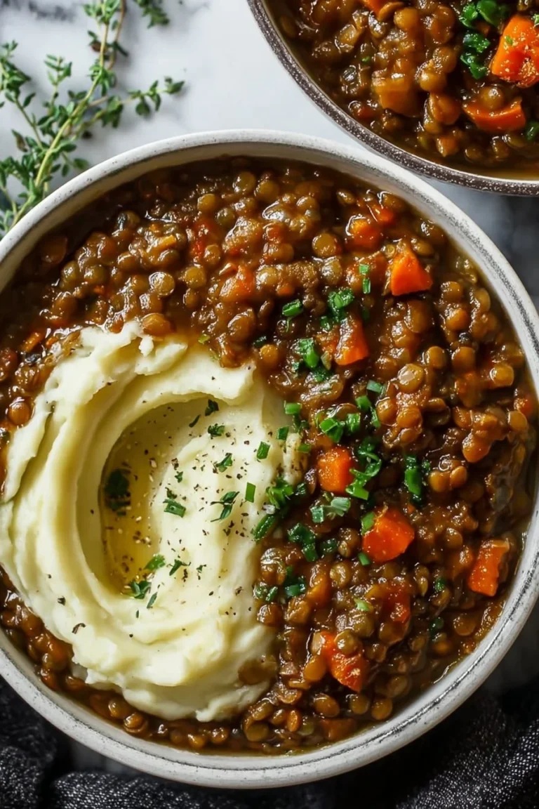 A bowl of lentil stew served over creamy mashed potatoes, garnished with fresh herbs.
