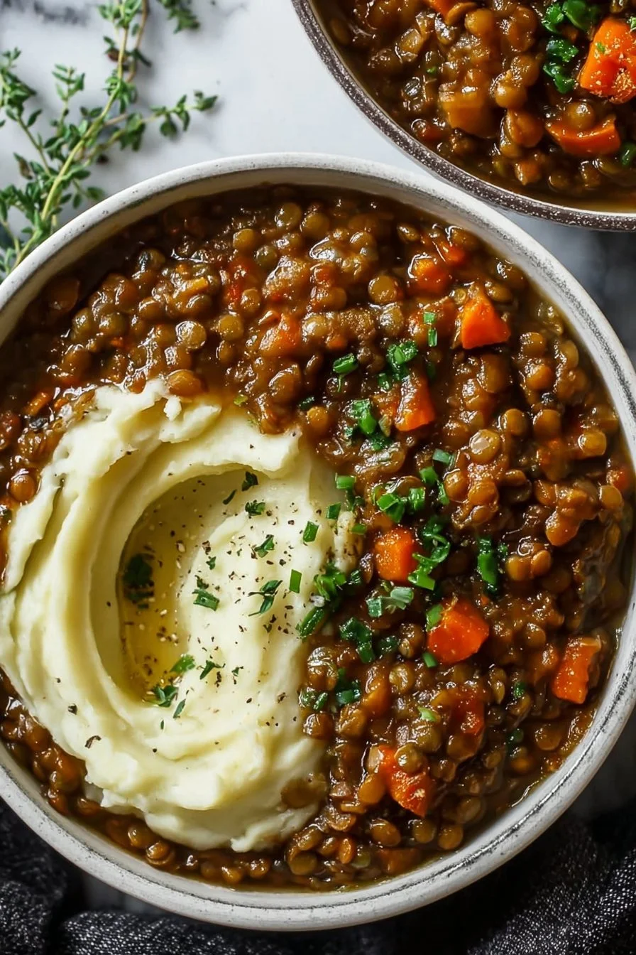 A bowl of lentil stew served over creamy mashed potatoes, garnished with fresh herbs.