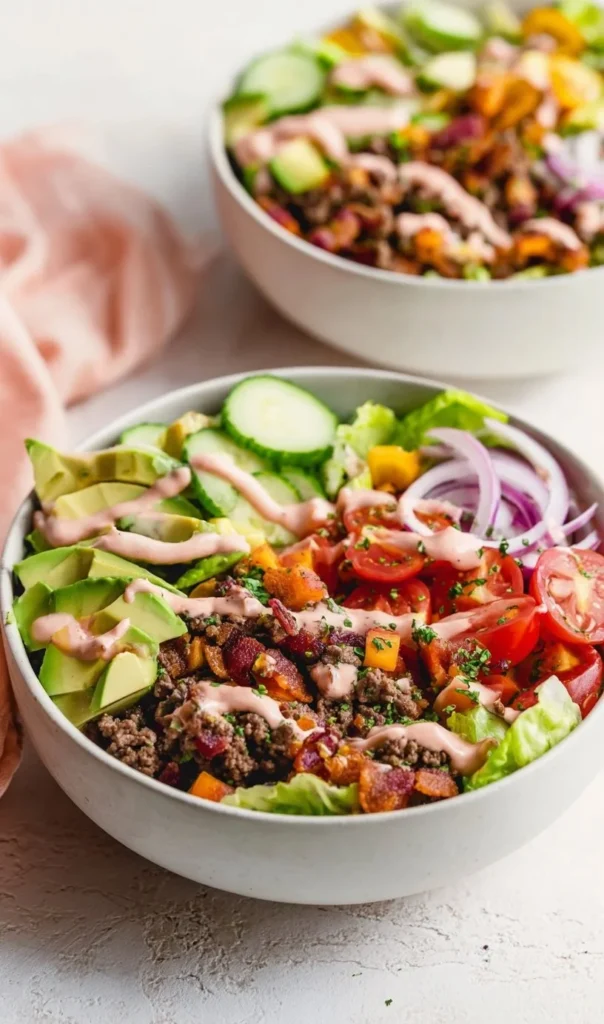 Delicious loaded burger bowls with fresh ingredients and special sauce