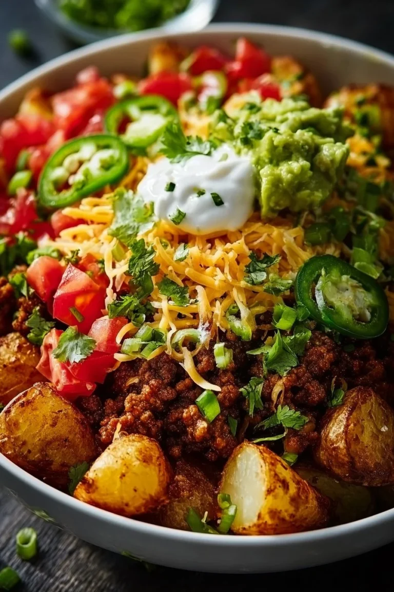 Loaded Potato Taco Bowl with toppings and a sprinkle of cheese
