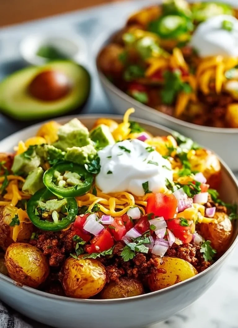 Loaded Potato Taco Bowl topped with fresh ingredients and spices