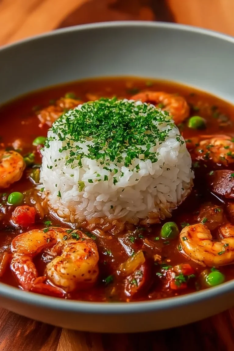 A bowl of Louisiana Gumbo with rich ingredients and spices