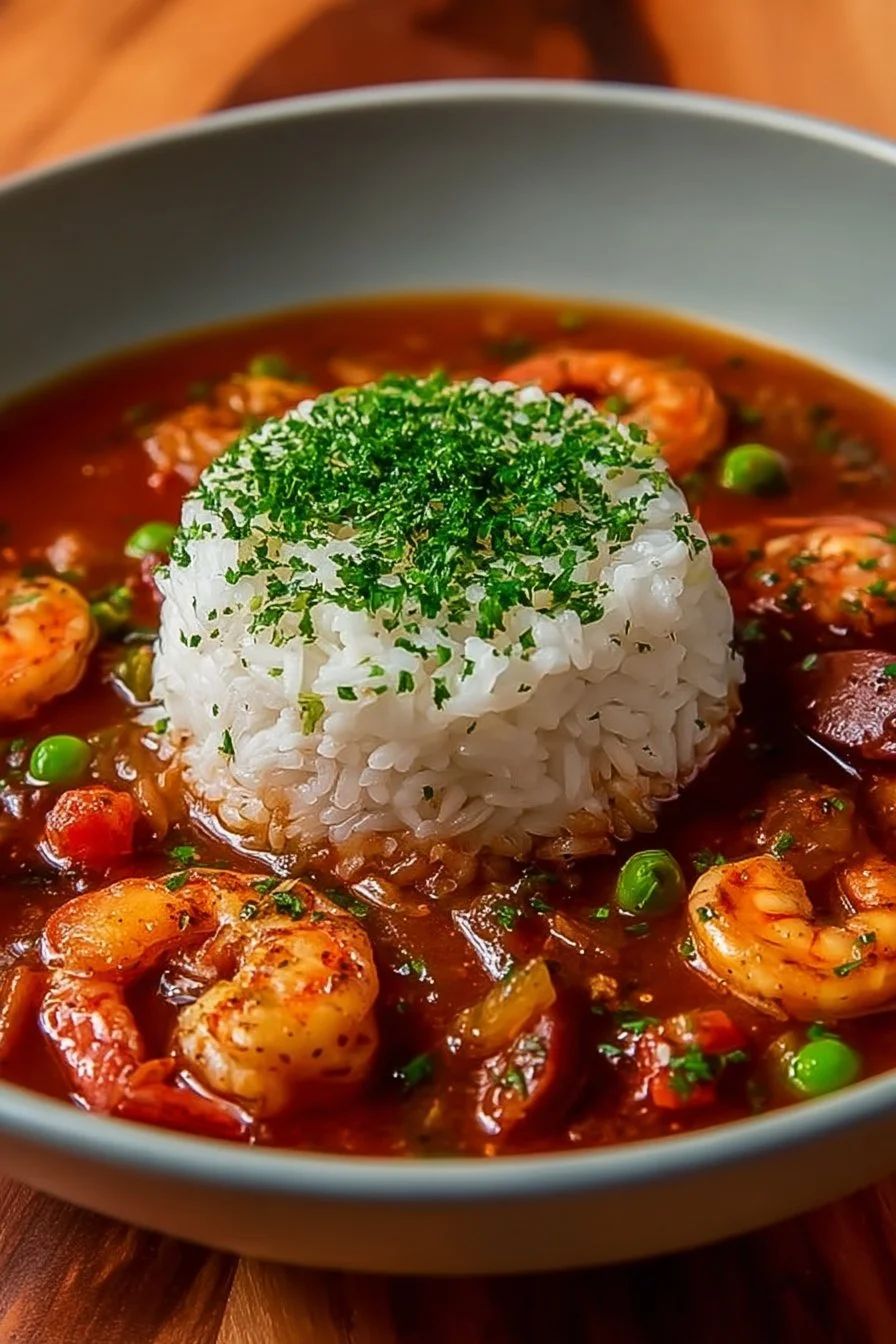 A bowl of Louisiana Gumbo with rich ingredients and spices