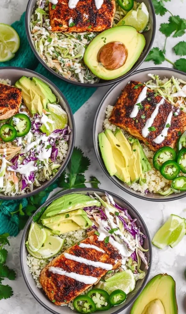 Low Carb Fish Taco Bowls with fresh toppings and vibrant ingredients