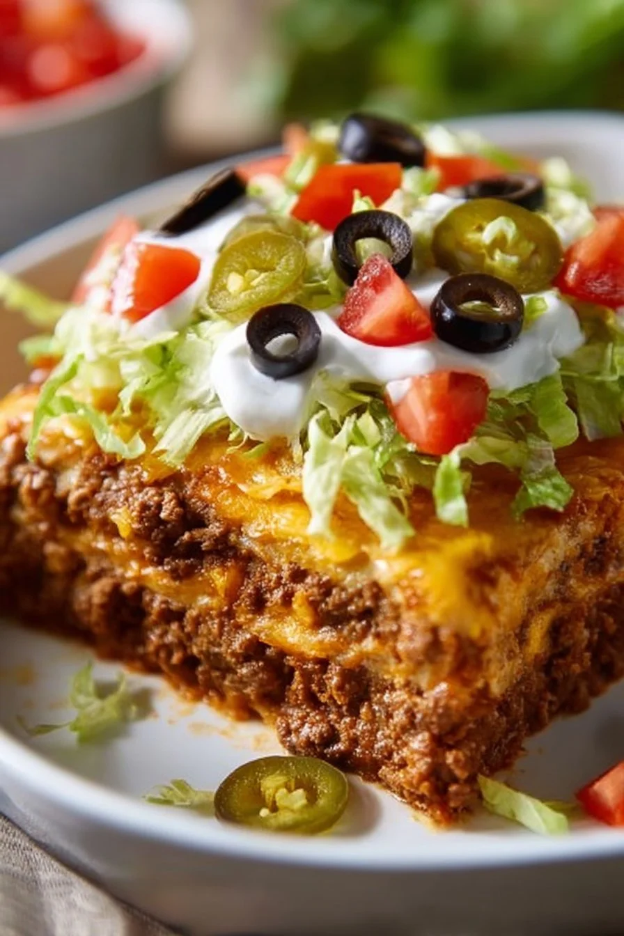 Low carb taco casserole topped with cheese and toppings for a healthy meal