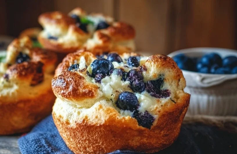 Fluffy cloud bread with cottage cheese and blueberries on a plate