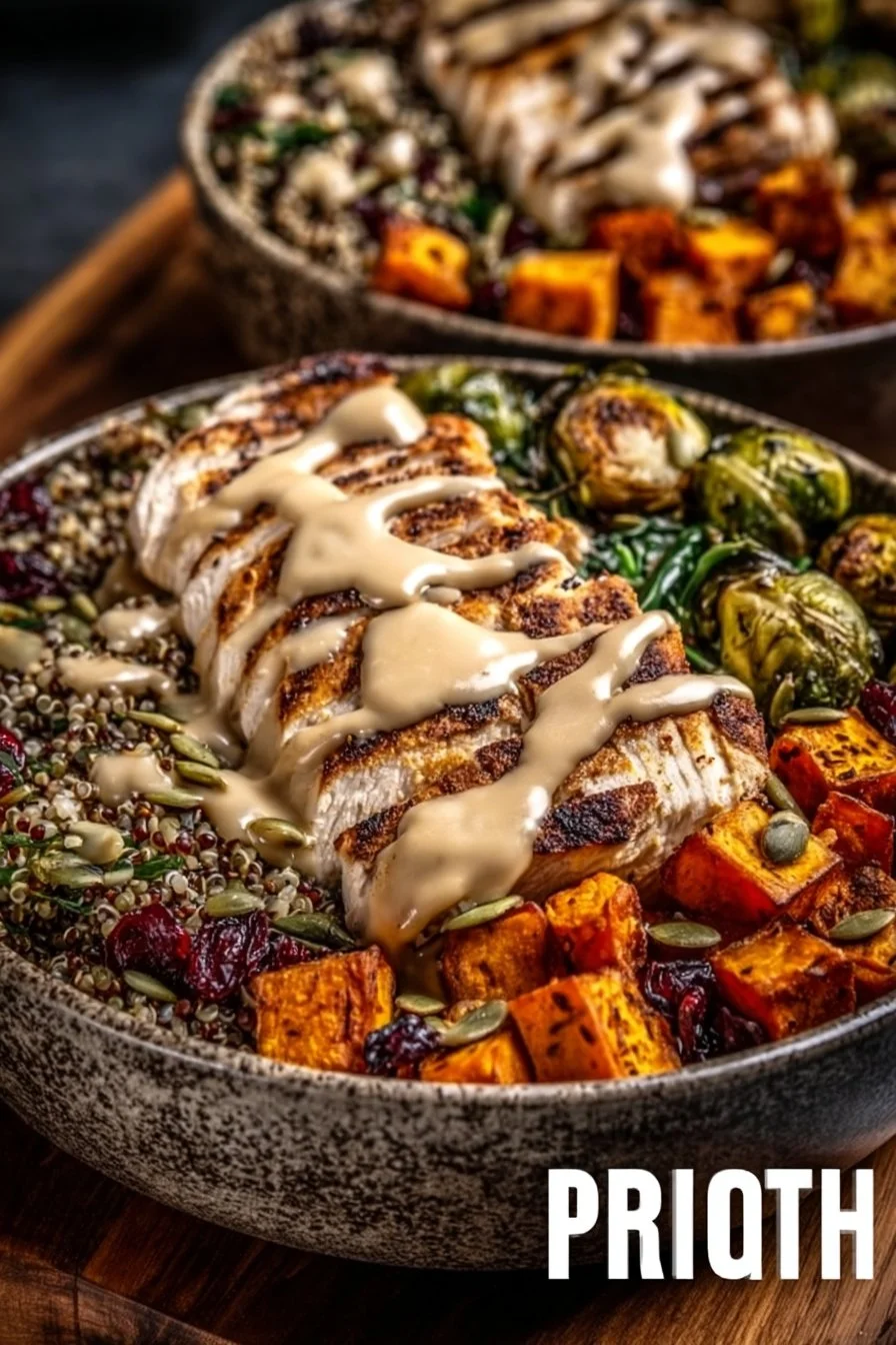 Maple Dijon Chicken Bowls with vegetables and grains for a healthy dinner