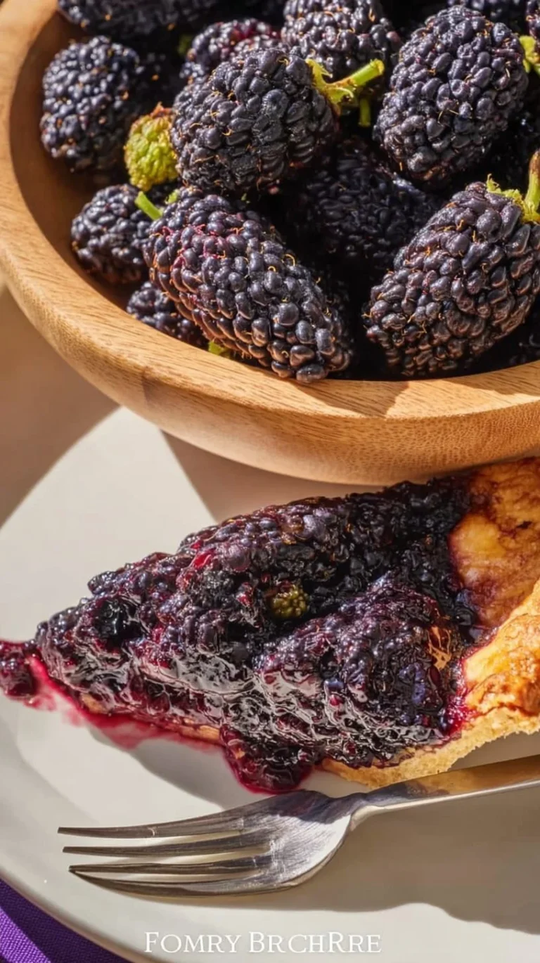 A jar of homemade mulberry jam with fresh mulberries.