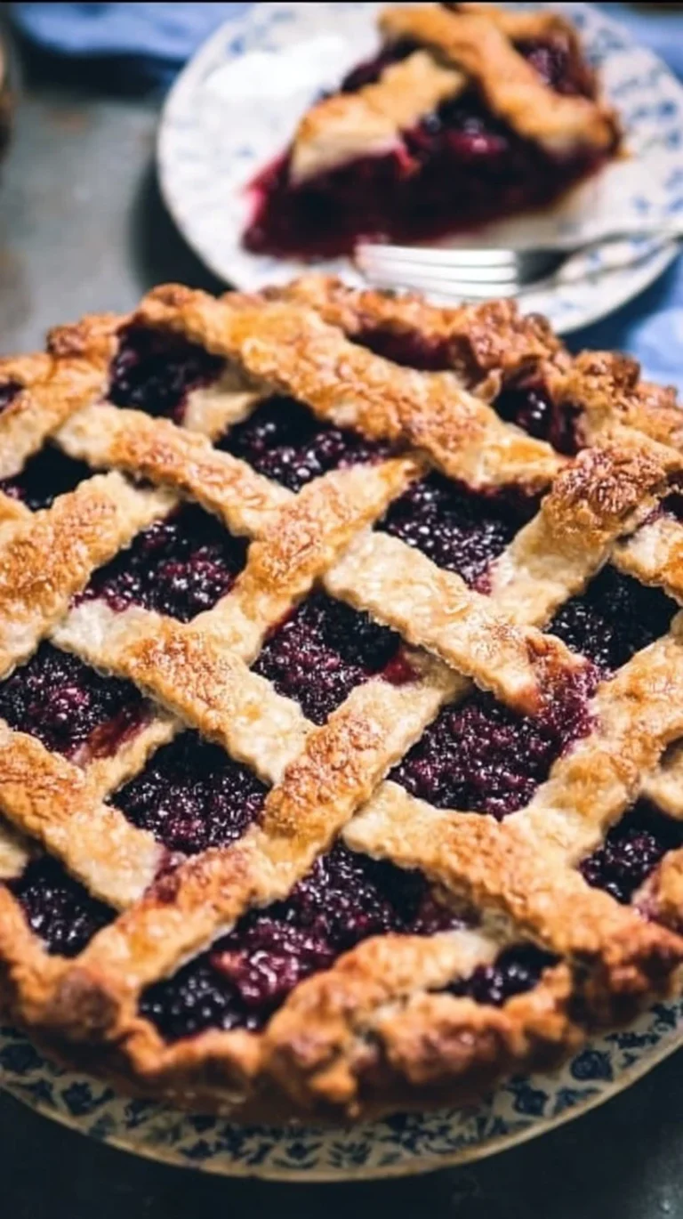 Delicious homemade Mulberry Pie served on a wooden table.