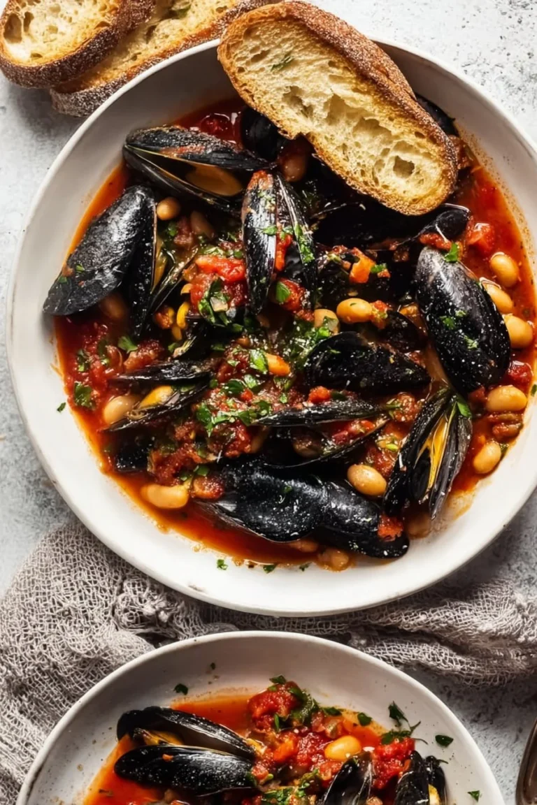 Plate of Mussels with Cannellini Beans and Tomatoes garnished with fresh herbs