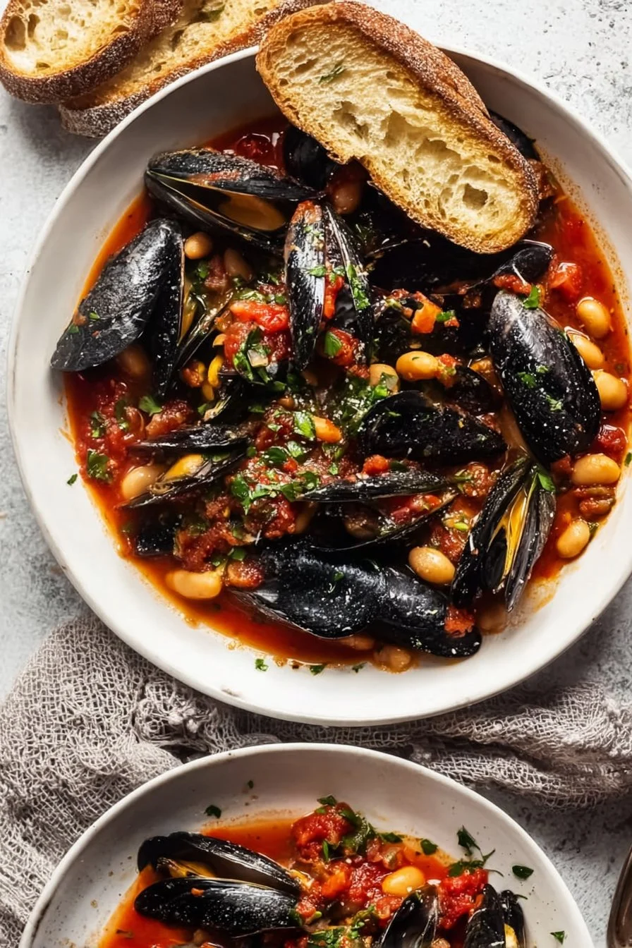 Plate of Mussels with Cannellini Beans and Tomatoes garnished with fresh herbs
