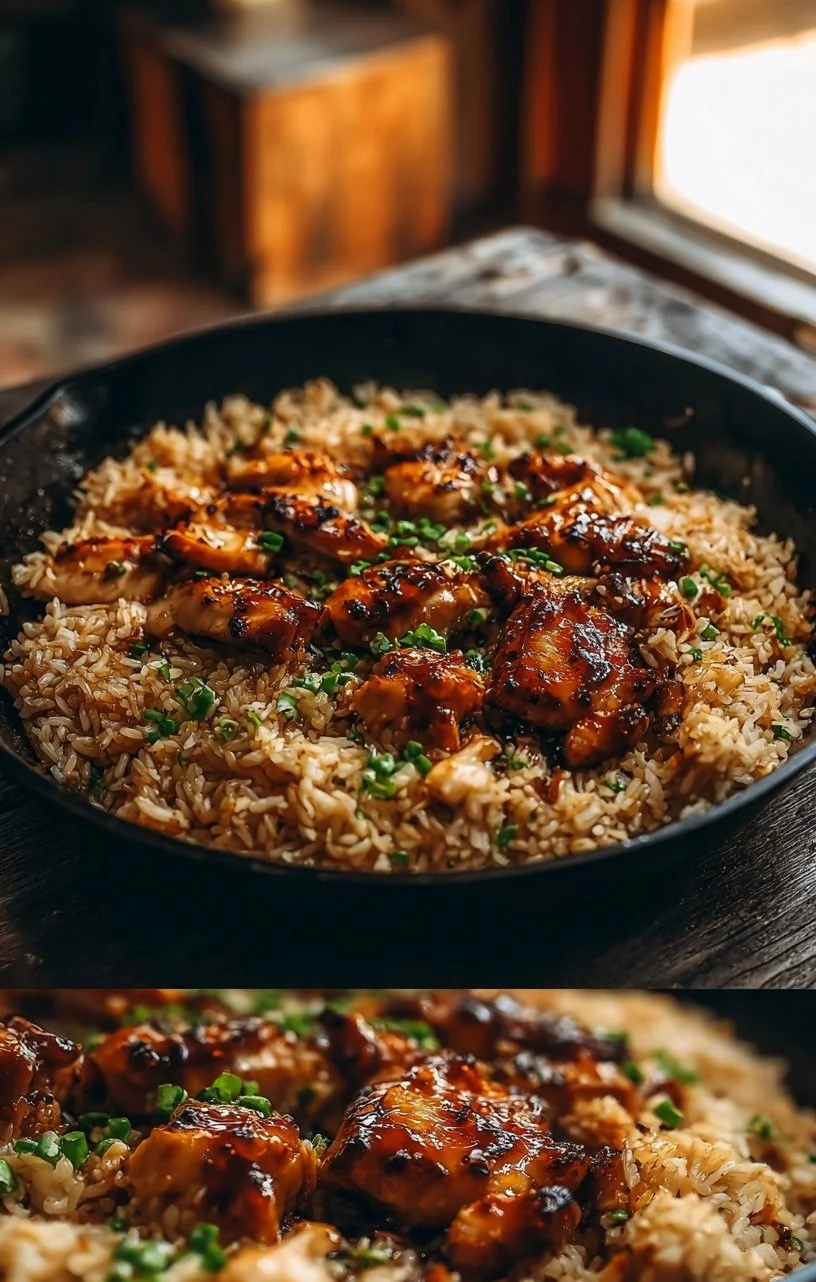 One-Pan Honey BBQ Chicken served with rice on a plate
