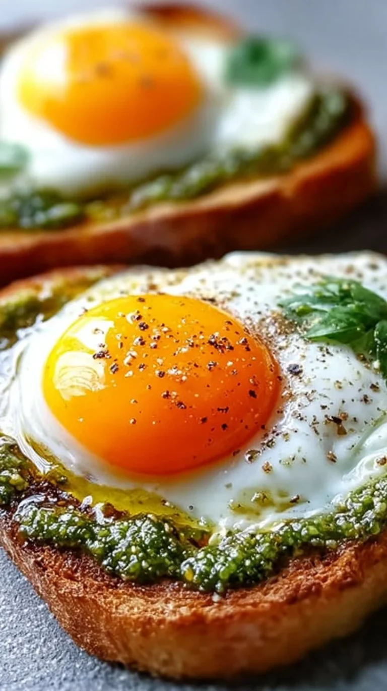 Pesto fried eggs garnished with fresh vegetables and herbs.