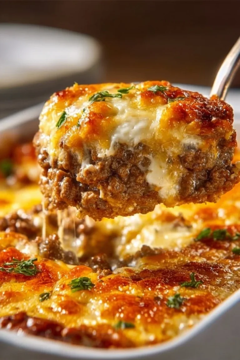 Philly Cheesesteak casserole topped with melted cheese and savory beef