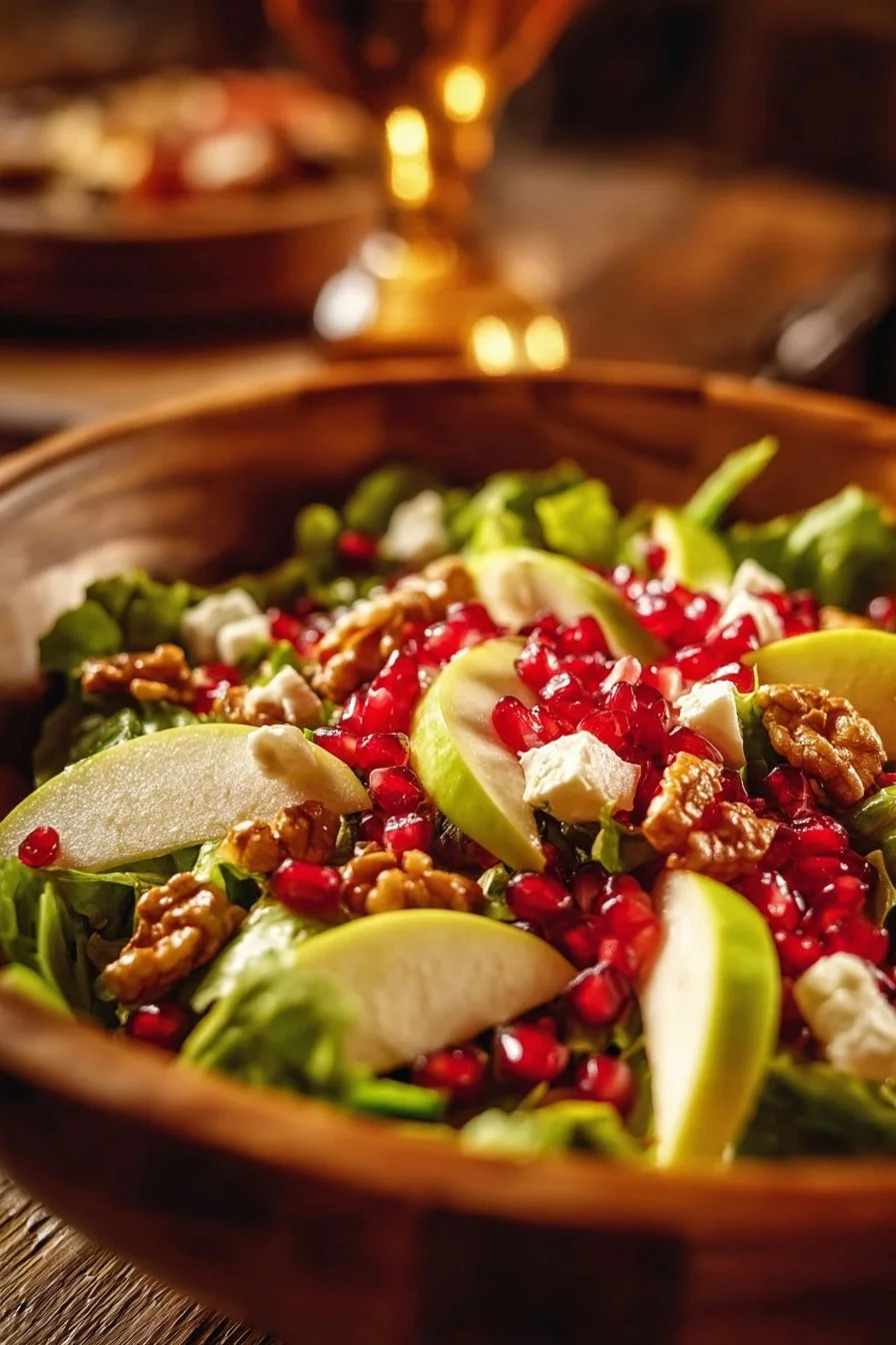 Pomegranate Christmas Salad with Honey Mustard Dressing served in a festive bowl